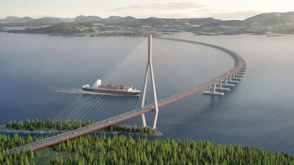 Flytebro: Ei skråstagsbru, nærmest land i sør kombinert med flytebro videre nordover Bjørnefjorden skal sikre passasje for skipstrafikken med 45 meters seilingshøyde.