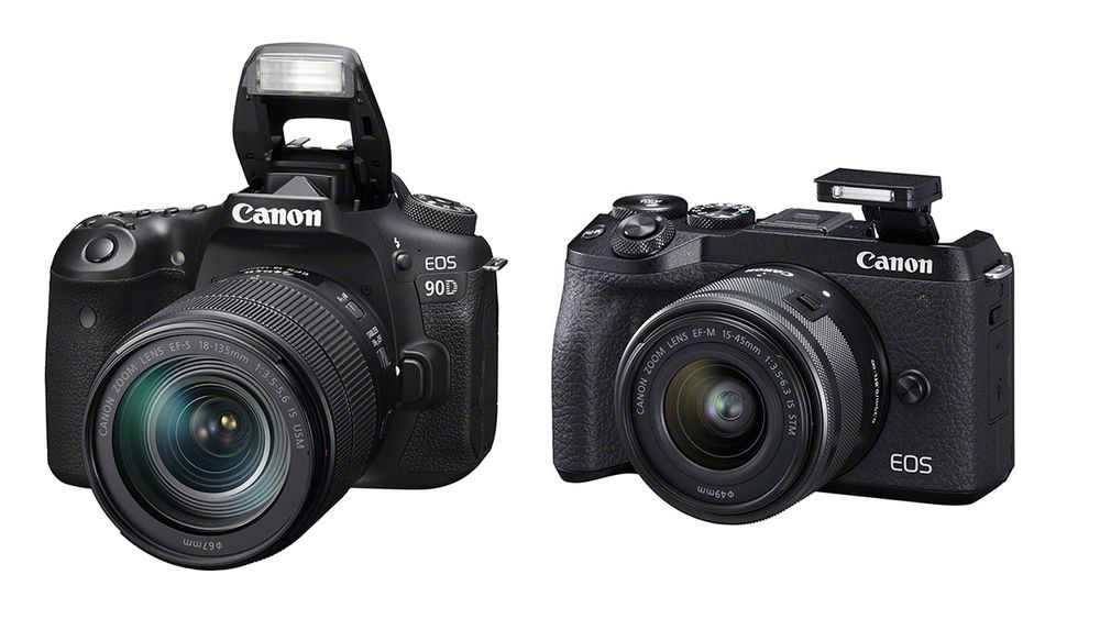 Likt og ulikt: Canons nye 90D DSLR (t.v.) og M6 Mark II er teknisk sett veldig like, men du verden så ulike de er av utseende og oppbygging.