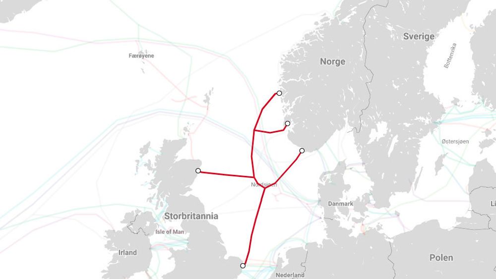 Her er Tampnets sjøfiberkabelnettverk i Nordsjøen, slik Telegeography har registrert det. Den siste kabelen, til Aberdeen i Skottland, ble lagt i sommer og tas i bruk i disse dager. Dette nettet mener Tampnet er et godt alternativ til å rute datatrafikken via Sverige.