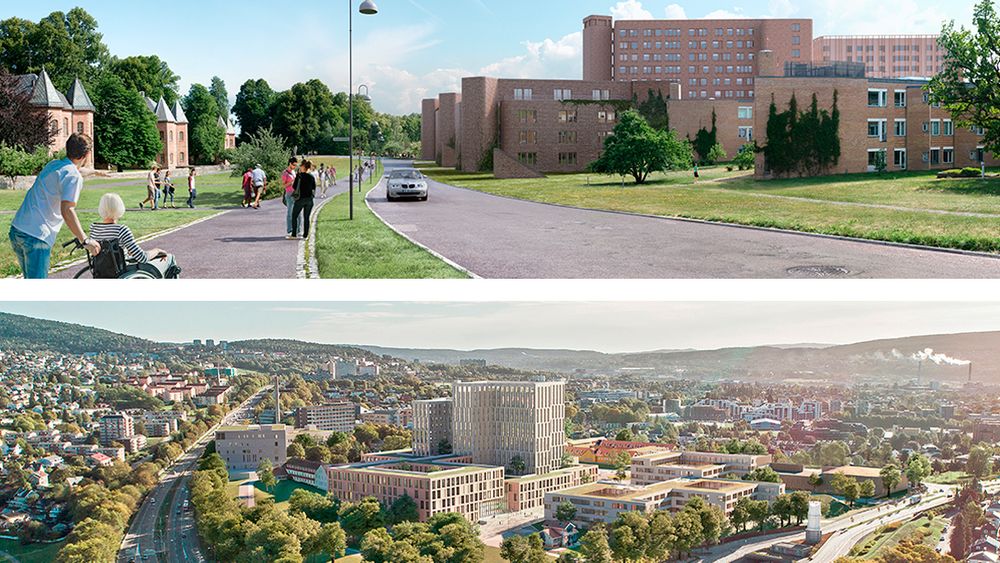 To prosjekteringsbilder fra planleggingen av hovedstadens nye sykehus, Gaustad regionsykehus (øverst) ved Rikshospitalet og Aker akuttsykehus ved Sinsen-krysset.