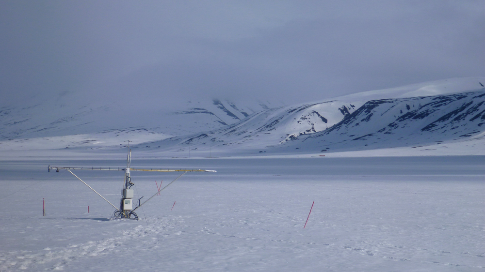 Avanserte ubetjente målestasjoner, såkalte flux-towers måler temperatur, fuktighet og CO2-utslipp fra bakken. De står ute hele året, også i de iskalde vintermånedene i Arktis. Denne målestasjonen er i Adventdalen, Svalbard.