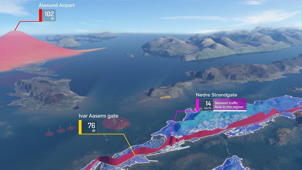 Simulering utviklet for offshoreindustrien brukes nå i byutvikling. Illustrasjonen viser eksempler. Bak til venstre en støykurve fra flyplassen, gjennom byen ser man effekten av kødannelse i rushtiden.