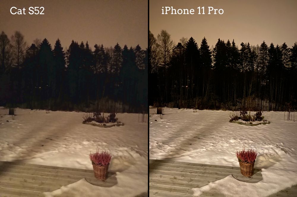 Cat S52 tar slett ikke dårlige bilder om natten, selv om den ikke har dedikert nattmodus slik for eksempel iPhone 11 Pro (til høyre) har.