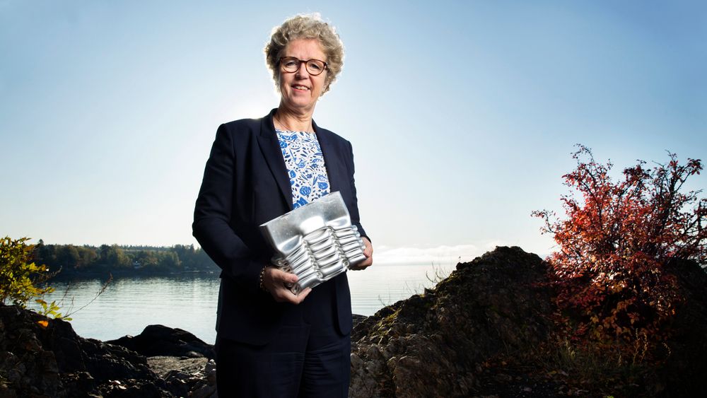 Mektig: Fortune Magazine har rangert Hilde Merete Aasheim som verdens 13. mektigste kvinne i næringslivet. I hendene holder hun en krasjboks som har trukket seg sammen etter sammenstøtet – et livreddende Hydroprodukt. 