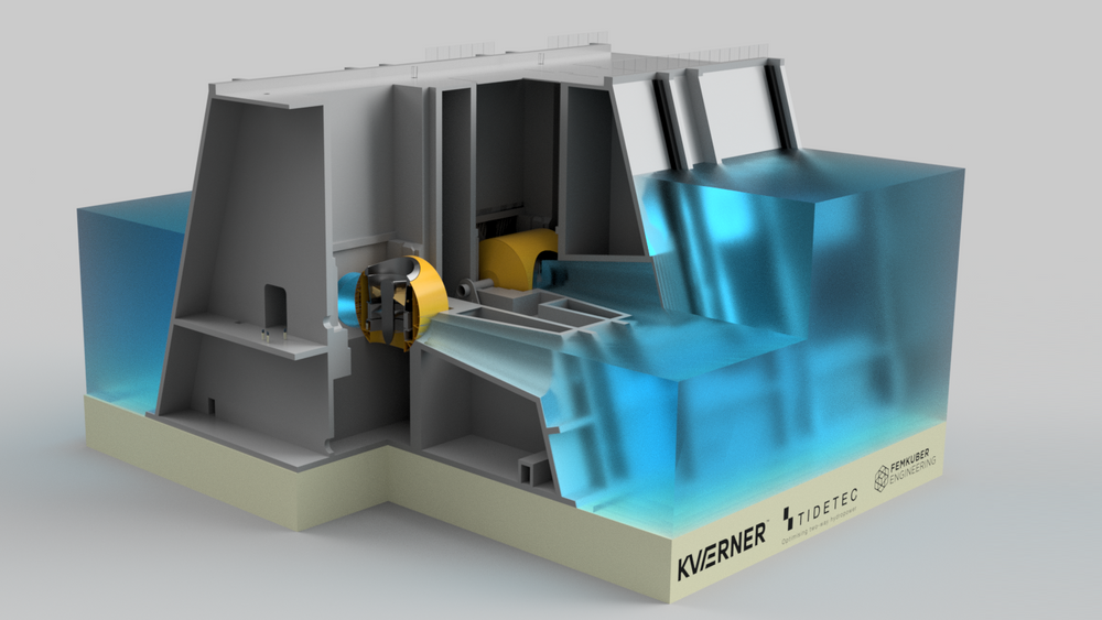 Denne illustrasjonen viser hvordan Tidetec sin dreibare turbinløsning kan monteres i et tidevannskraftverk.