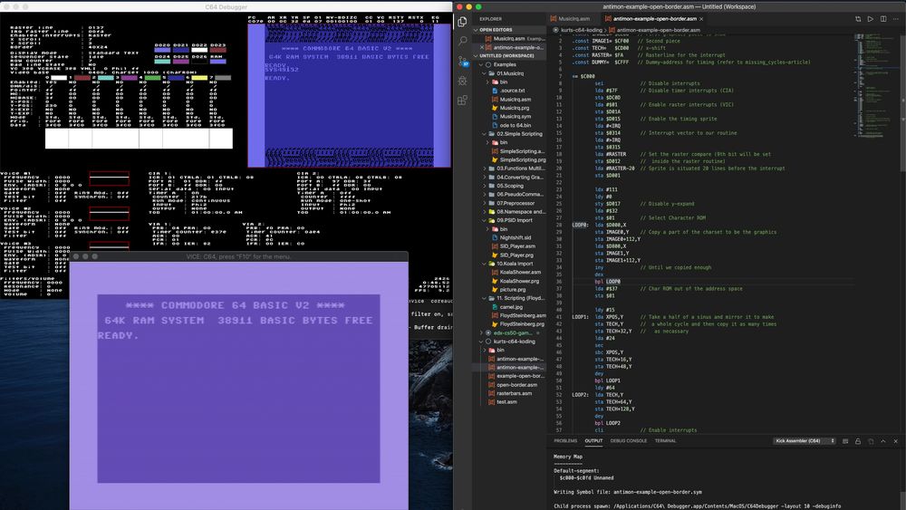 Her har vi satt opp et utviklingsmiljø for 6510-programmering for Commodore 64 på en Mac. Vi bruker KickAss-tillegget til VS Code, en Vice Commodore 64-emulator (nederst til venstre), samt 64 debugger (øverst til venstre).