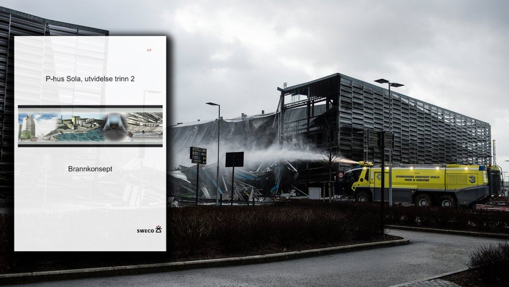 Deler av parkeringshuset er rast sammen etter brannen på Stavanger lufthavn Sola.