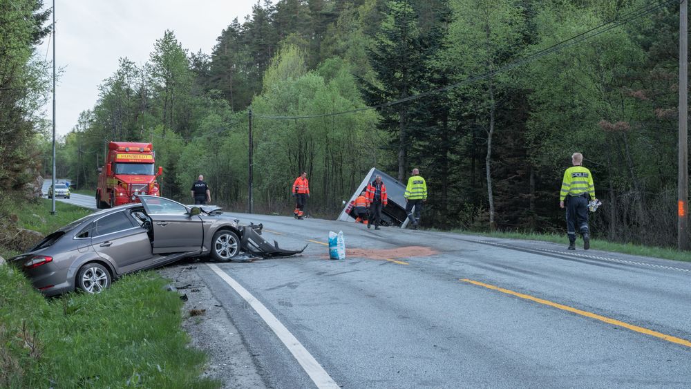 Arkivfoto fra en trafikkulykke ved Valand på E39 mellom Kristiansand og Mandal i 2018.