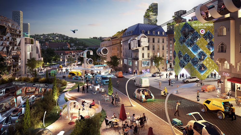 Et optimistisk framtidsscenario  fra Daimler for hvordan Stuttgarts historiske bykjerne kan se ut i 2036. Trafikanter og fotgjengere deler det offentlige rommet, som har hub-er og nettverk for selvkjørende biler, robottaxi, minibusser, tog, t-bane og sykler.