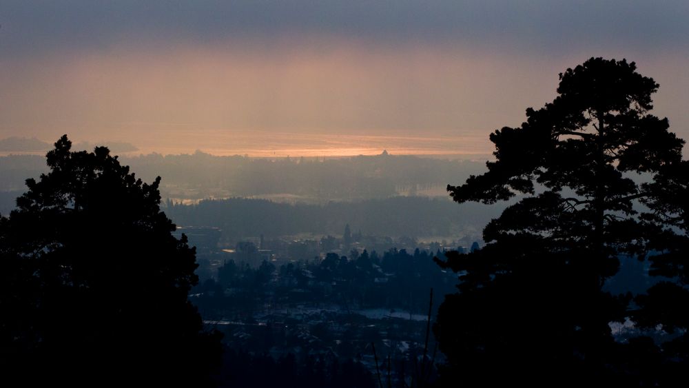 Oversiktsbilde tatt fra Holmenkollen fredag formiddag. Kaldt vær og forurensing fører til at luft presses ned i skoddehavet over Oslo.