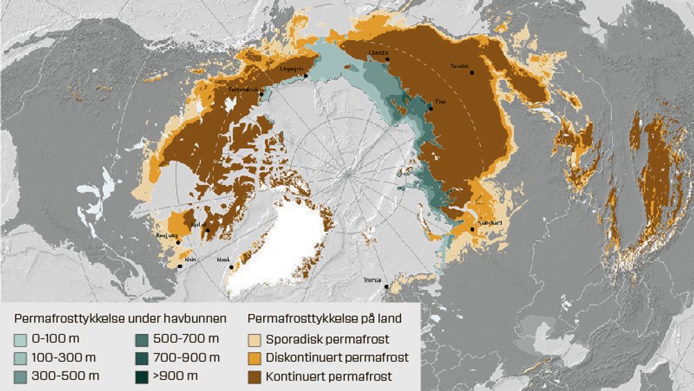 Bildet viser utbredelsen av permafrost på den nordlige halvkule.