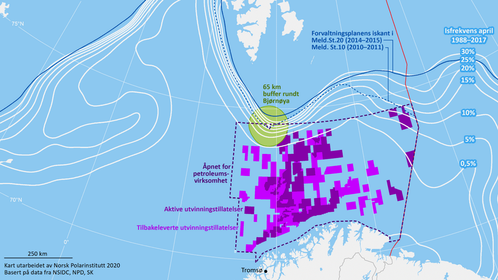 Kartet Norsk polarinstitutt har laget, viser tydelig hvor store eller små områder for olje- og gassvirksomheten som blir påvirket, hvis iskanten blir definert sørover.