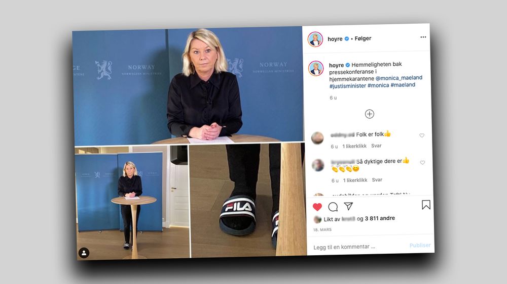 Høyre bruker humor under krisetiden på partiets instagramkonto, der justisminister Monica Mæland er avbildet med tøfler under en pressebriefing om COVID19.