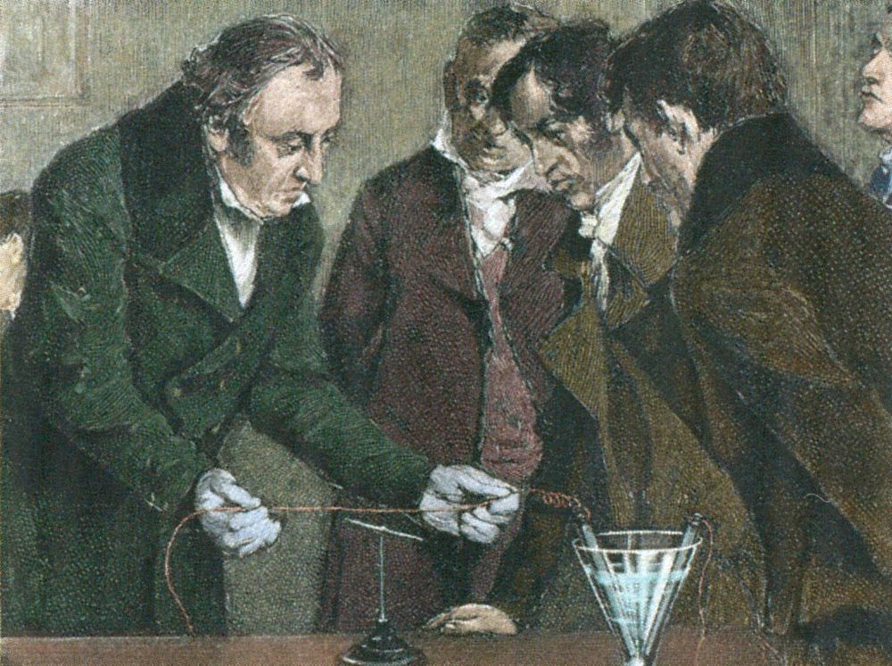 Denne graveringen, som senere er kolorert, skulle illustrere hvordan Hans Christian Ørsted oppdaget elektromagnetismen. Likheten med H.C. Ørsted er ikke veldig slående.