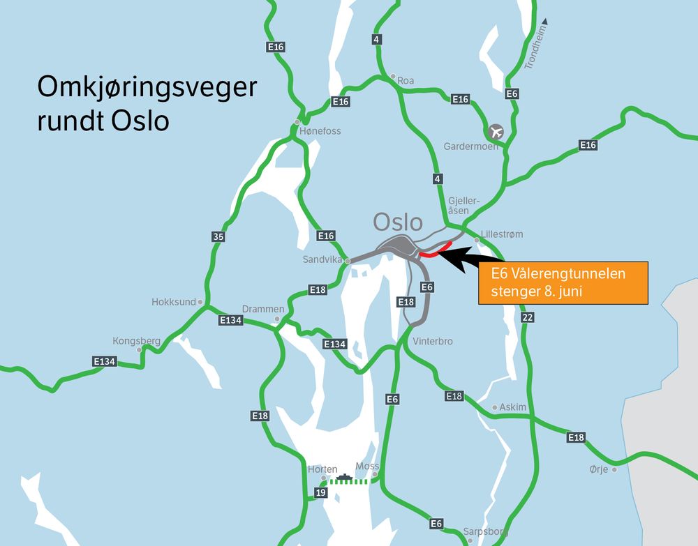 Anbefalte omkjøringsruter for trafikk som skal gjennom Oslo.