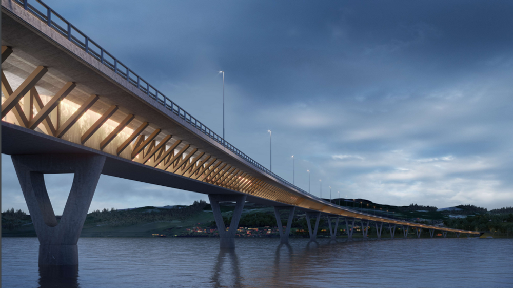 Konseptillustrasjonen viser en mulig bruløsning over Mjøsa fra nordøst.