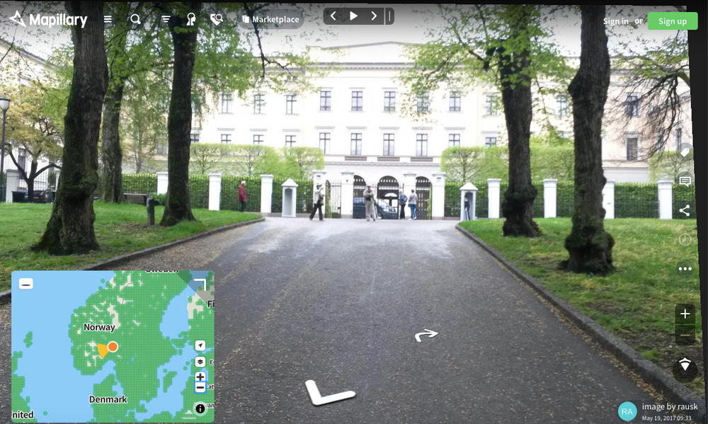 Mapillary er en karttjeneste som kan minne om Google Street View, men basert på brukergenerert innhold. Her har vi zoomet oss inn på det norske Slottet.