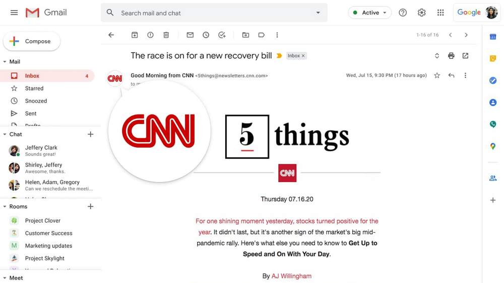 Slik vil en e-post i Gmail kunne se ut hvis CNN faktisk er avsenderen.