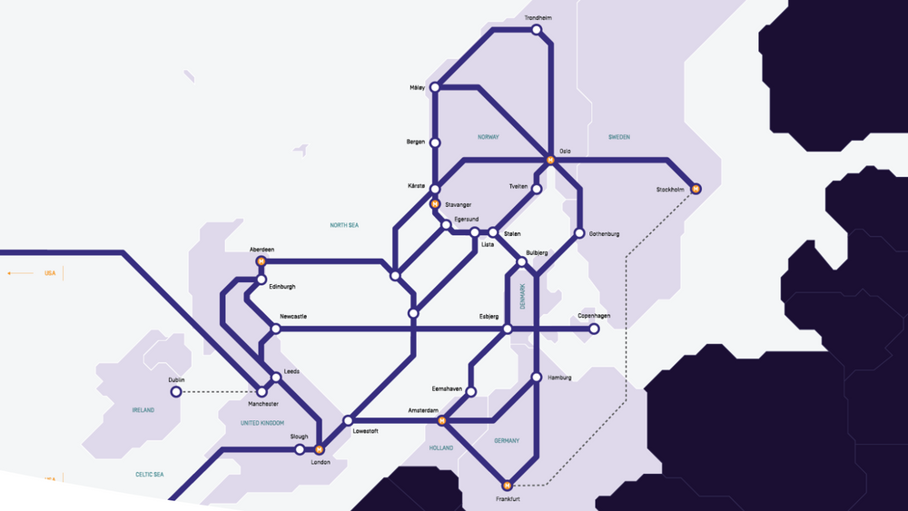 Her er kartet over Tampnets Nord-Europa-nettverk, der forbindelsen over Nordsjøen gir lav hastighet mellom børsene.