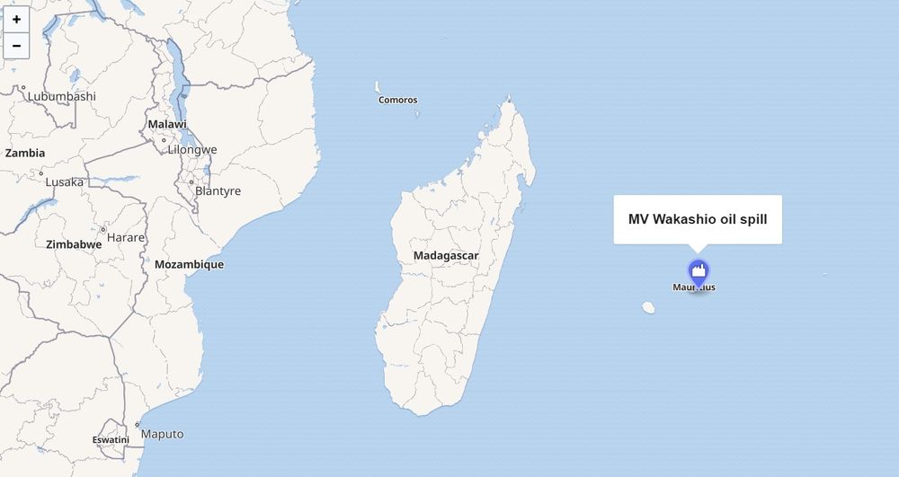 Ulykkesstedet ved Mauritius i Det indiske hav. Bulkskipet skulle seilt 16 km fra kysten av Mauritius, men grunnstøtte 2 km fra land.