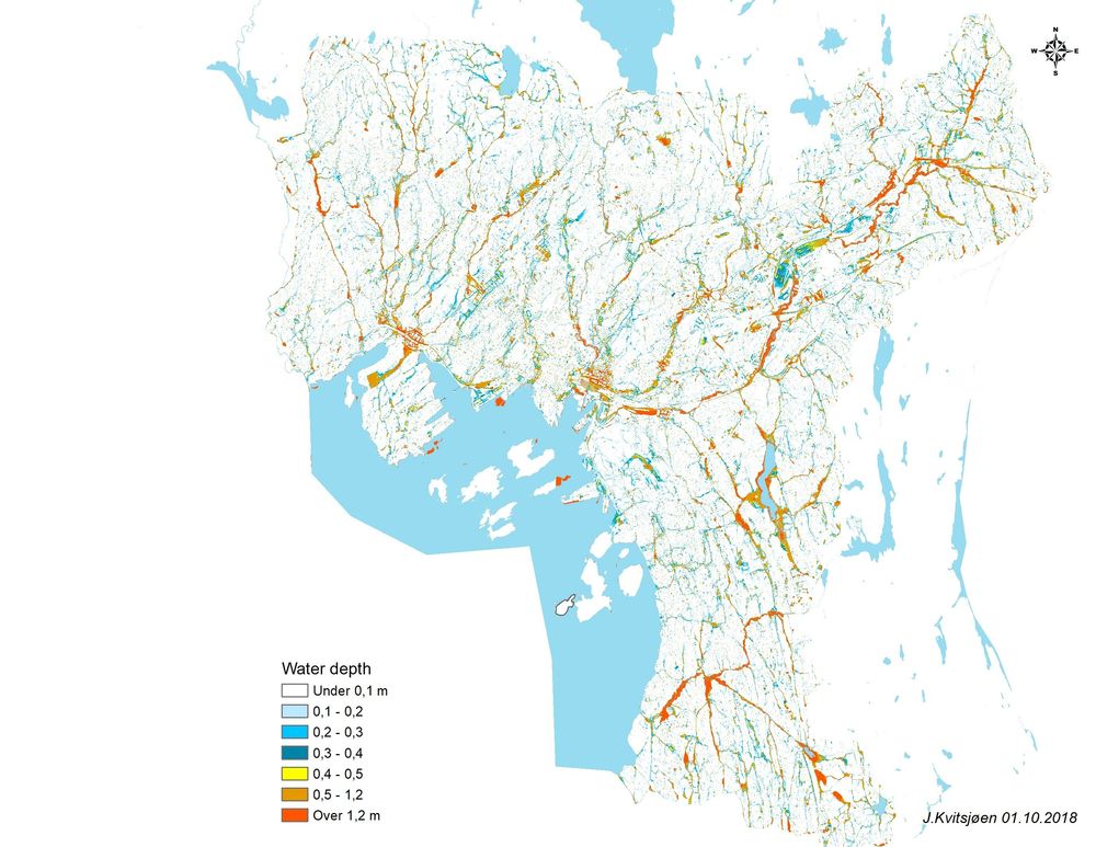 SIMULERING: Modellering av konsekvenser av styrtregn i Oslo i MIKE21. Kartet viser oversikt over vanndybder som kan inntreffe ved det verste scenarioforløpet når ledningsnettet er overfylt og kulverter er tettet med søppel fra flomvann. <i>Illustrasjon:  Oslo Kommune</i>
