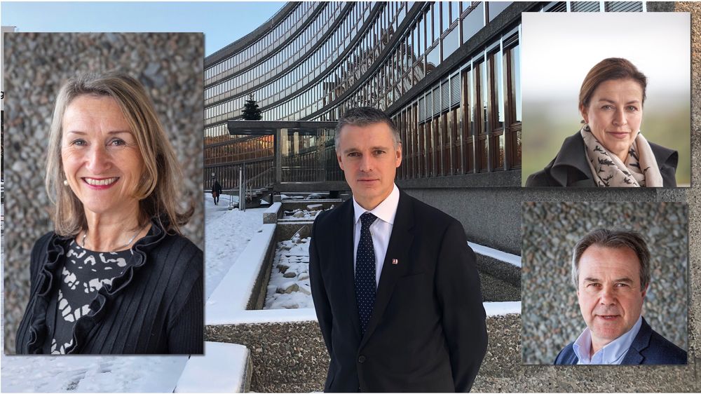 Anne Britt Leifseth er direktør for Skred og vassdrag i NVE (t.v), Kjetil Lund er direktør i NVE (midten),  Anne Vera Skrivarhaug er energidirektør (øverst t.h.) og Rune Fladby er direktør for konsesjoner.