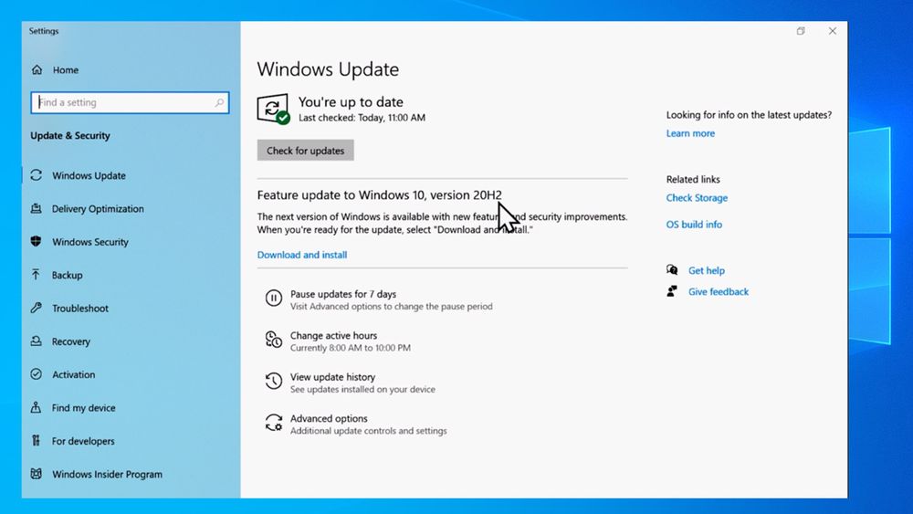 Windows 10, versjon 20H2, vil bli tilgjengelig via Windows Update. For mange vil det kunne ta uker eller måneder før dette skjer.