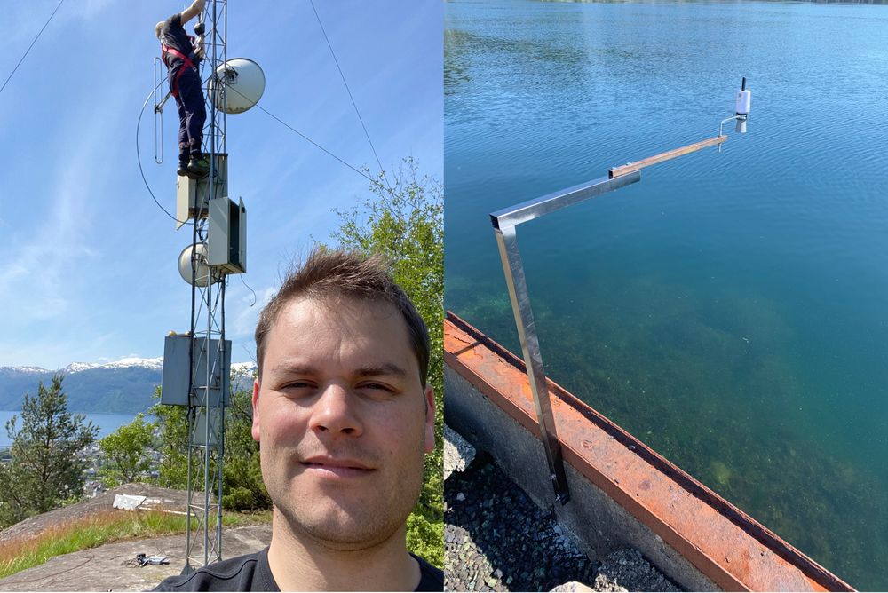 Brannmann Stein Erik Gulbrandsen har ikke høydeskrekk, og monterte en LoRaWAN Gateway i eksisterende radiomast for Fredrik Sudmann. Sensorene ble montert på broene som krysser Nordelva og Storelva.