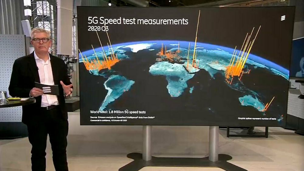 Konsernsjef Börje Ekholm i Ericsson viser her en grafikk basert på målingene Ookla gjør via Speedtest. Grafen illustrerer hvor mye fart 5G-kundene i verden opplever 18 måneder etter at de første 5G-nettene åpnet. 