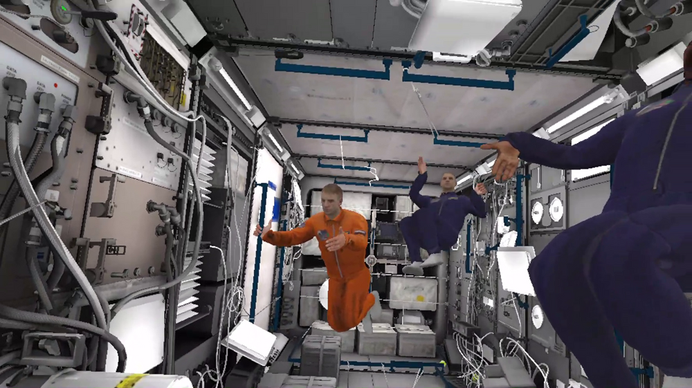 Slik ser det virtuelle romlaboratoriet ut, gjenskapt av PaleBlues programmerere. En astronaut kan, via 3D-briller og styrespaker, trene på samarbeid med avatarene som styres av hans kolleger som kan sitte et annet sted i verden.