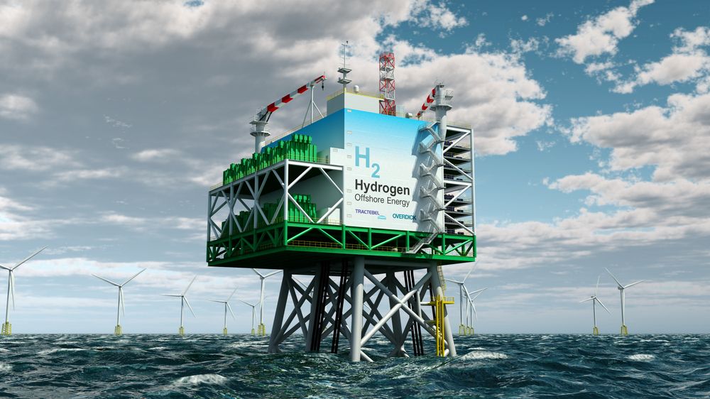 På slike plattformer kan energi fra havvindparker konverteres til hydrogen. Denne plattformen er en modell utviklet av Tractebel Engineering og Tractebel Overdick. Produksjonen av hydrogen kan også skje på land.