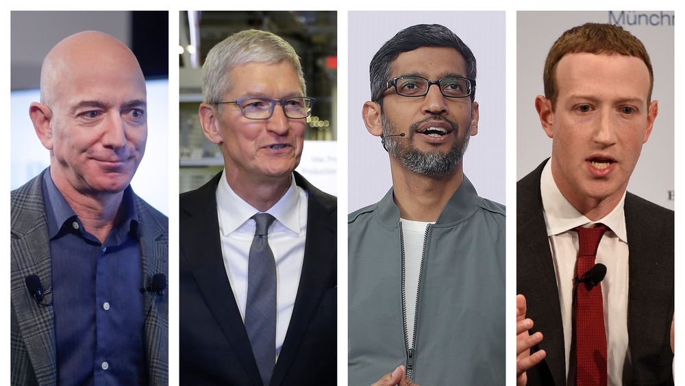 Toppsjefene Jeff Bezos fra Amazon, Tim Cook fra Apple, Sundar Pichai fra Google og Alphabet og Mark Zuckerberg fra Facebook. I sommer avga de forklaringer under en kongresshøring om selskapenes markedsposisjon.