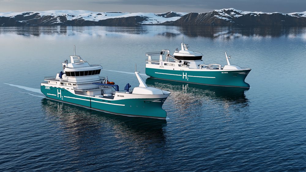 Slik ser skipsdesignselskapet Skipskompetanse for seg en fiskebåt og en brønnbåt med hydrogen som energiløsning. Illustrasjonen er en del av prosjektene HyFishery og HyAqua. 