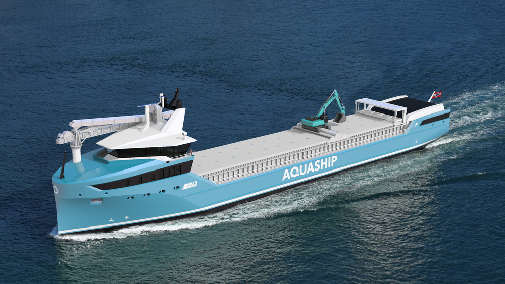 Skipsdesigneren Multi Maritime i Førde ser for seg at fremtidens fôrbåt med hydrogen nullutslipps energiløsning ser slik ut. Illustrasjonen er en del av prosjektet HyAqua.