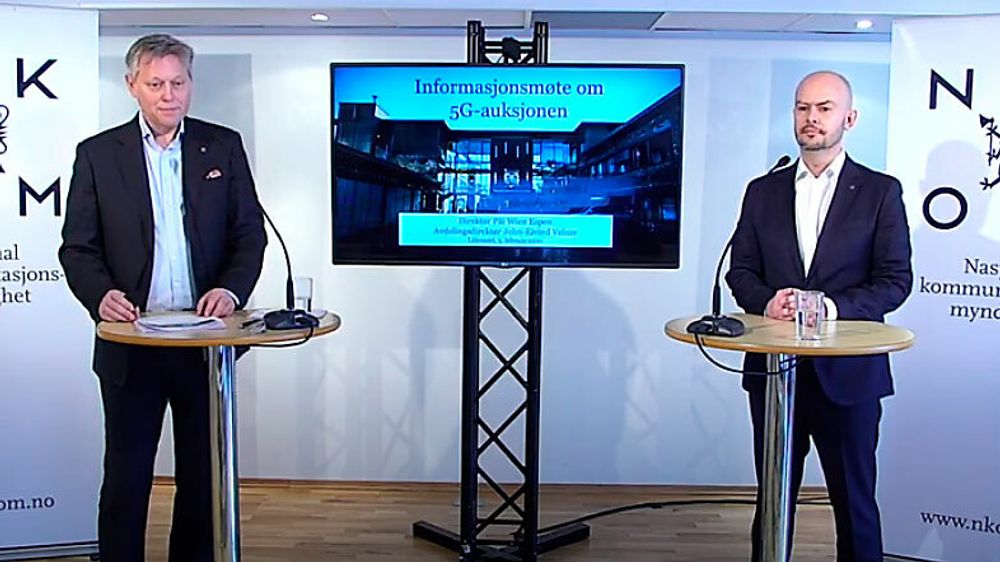 Fredag la Nkom-sjef Pål Wien Espen og frekvensdirektør John-Eivind Velure fram reglene for 5G-auksjonen via videokonferanse.