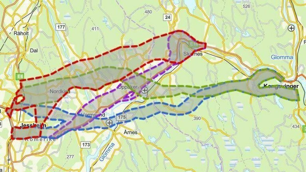 De fire korridorene som prosjektet har arbeidet med: A (rød farge), B (grønn), C (blå) og F (fiolett).