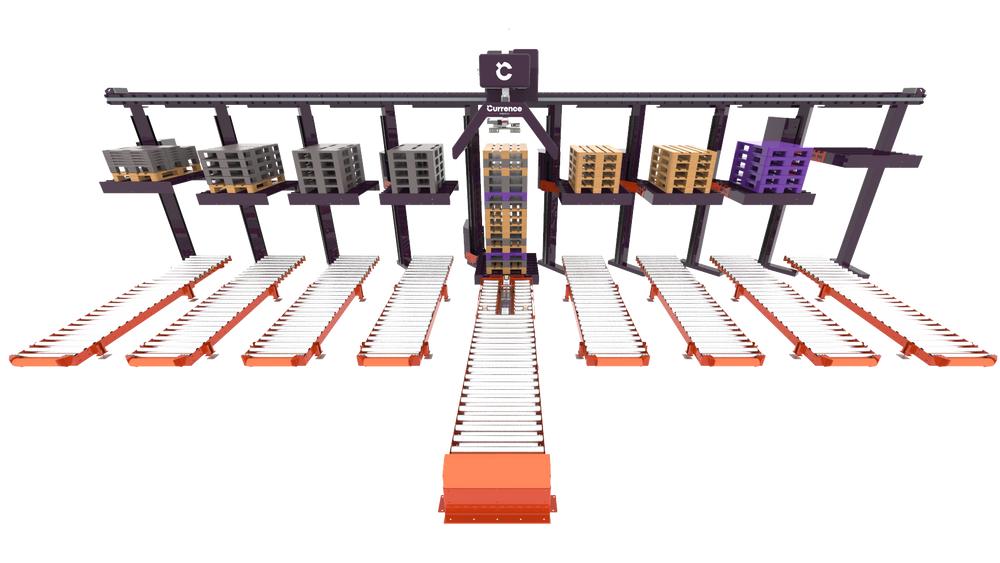Illustrasjonen viser pallsorteringsroboten «Sort» skalert opp til åtte moduler.