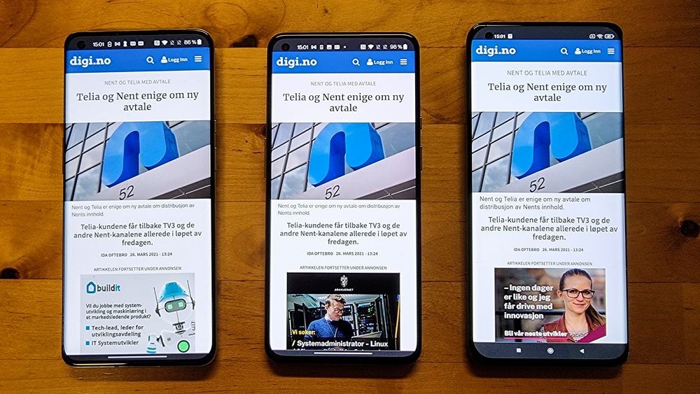 Meget gode skjermer:  Alle de tre telefonene har skjermer i toppklassen. De to fra OnePlus har mer trøkk i fargene, men litt for mye for noen kanskje,
