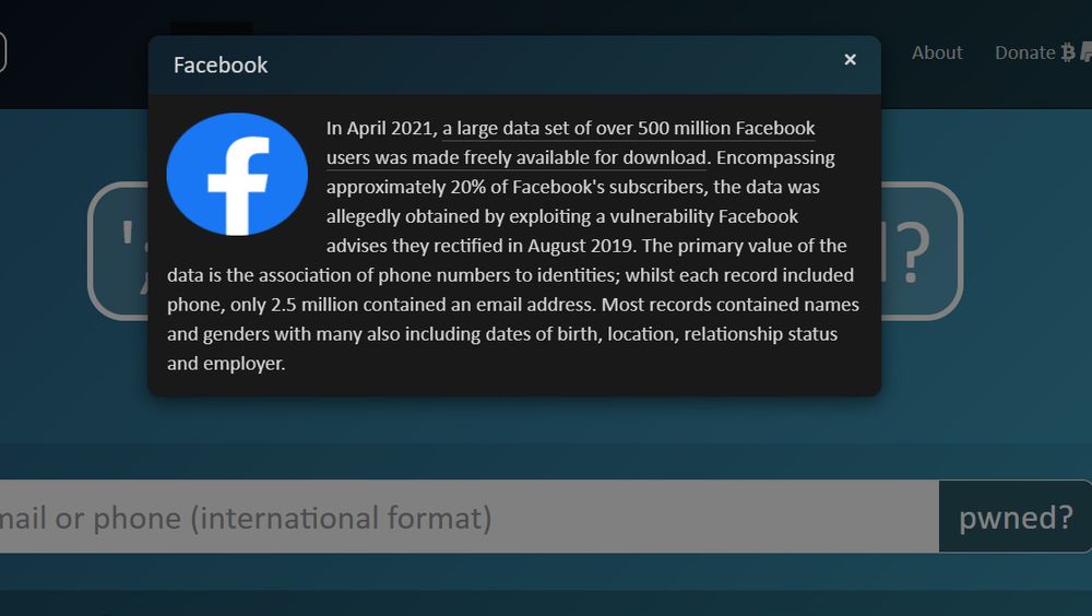 Informasjon på tjenesten Have I Been Owned om Facebook-lekkasjen som ble kjent i begynnelsen av april 2021.