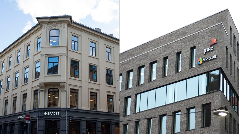 Salesforces nye norgeskontor på «Spaces» ved Kvadraturen i Oslo (til venstre) er foreløpig lite brukt grunnet koronarestriksjoner. Microsoft flyttet inn i sitt nåværende norgeskontor i Bjørvika (til høyre) i mai 2019. Begge opplever stor vekst på sine CRM-relaterte plattformer.
