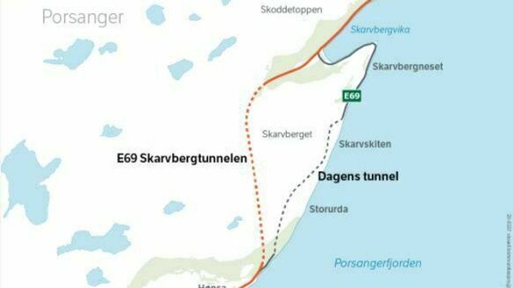 Kart: Ny tunnel og vei går til venstre for dagens trasé.