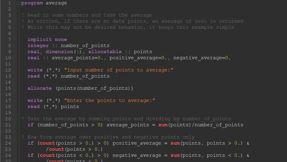 Enkelt eksempel på Fortran-kode.