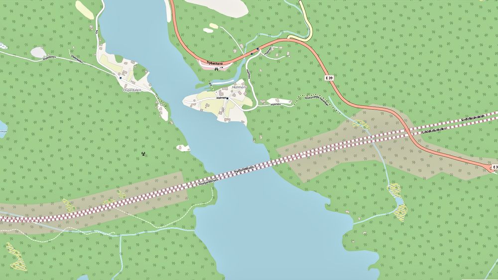 Kartet viser hvor nye firefelts E39 vil gå etter åpningen høsten 2022. Dagens E39 på østsiden av Trysfjord er rasutsatt og byr på utfordringer både når det gjelder sikkerhet og vedlikehold.