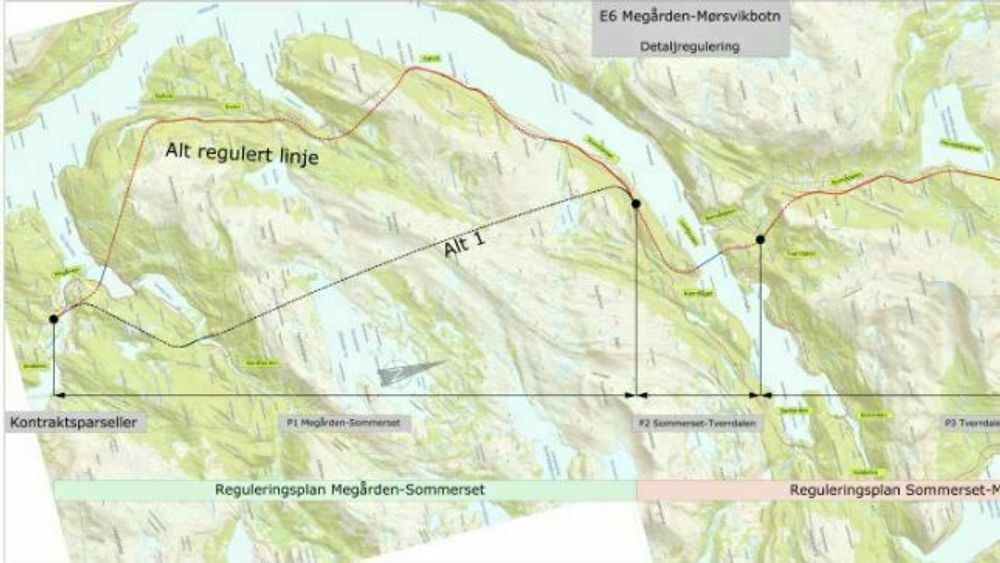 E6 Megården-Mørsvikbotn: Parsell P1, P2 og P3 + Alternativ trase (Alt1) som skal utredes.