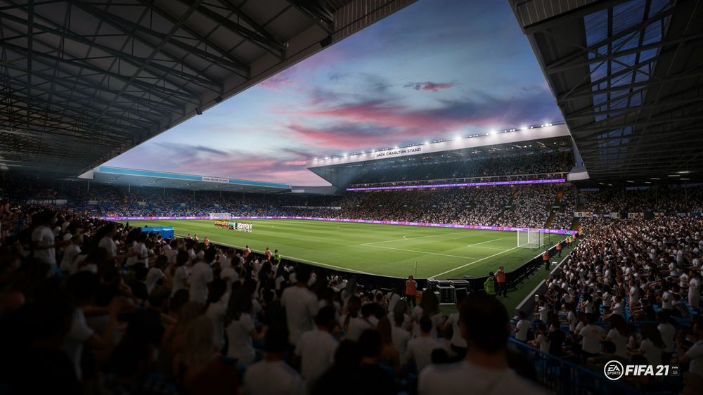 Kildekoden til FIFA 21 er blant det som ble stjålet i innbruddet hos EA. Bildet viser fotballstadionet Elland Road i Leeds, slik det framstår i dataspillet.