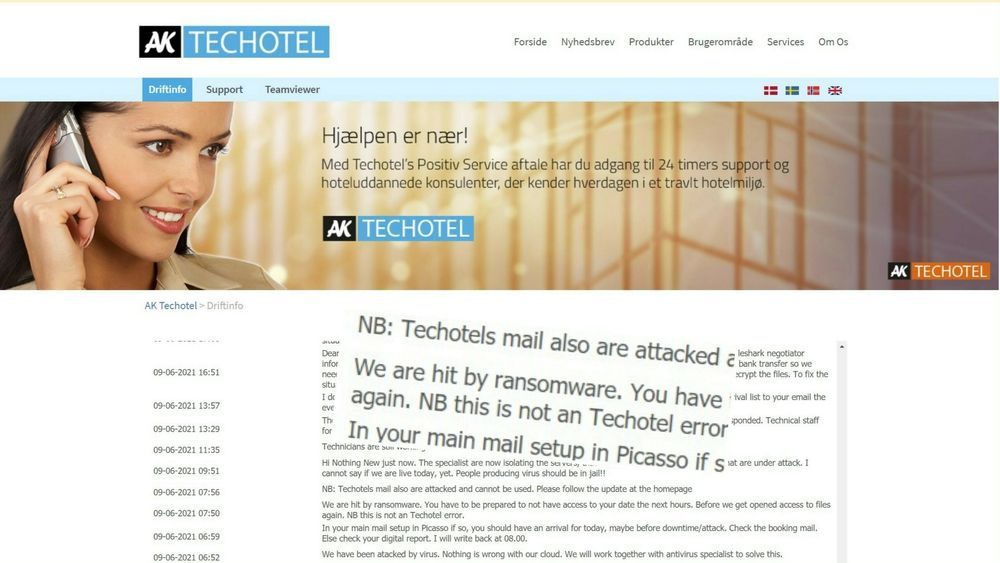 Techotel ble angrepet av hackere med løsepengevirus natt til onsdag. Selv om de betalte løsepenger umiddelbart, jobber de fremdeles med å få systemene sine live igjen.