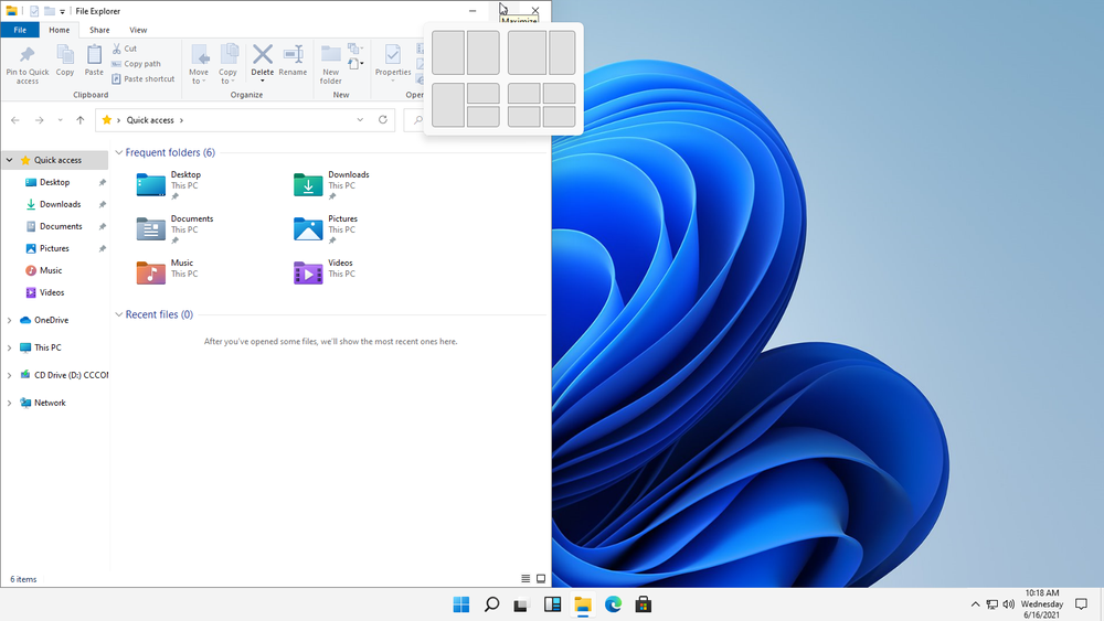 Snap-funksjonen for vinduene i Windows 11 har flere muligheter som kommer til syne når man klikker på min/maks-knappen til et vindu. Filutforskeren, som vises til venstre i bildet, ser i stor grad ut til å fungere som før.