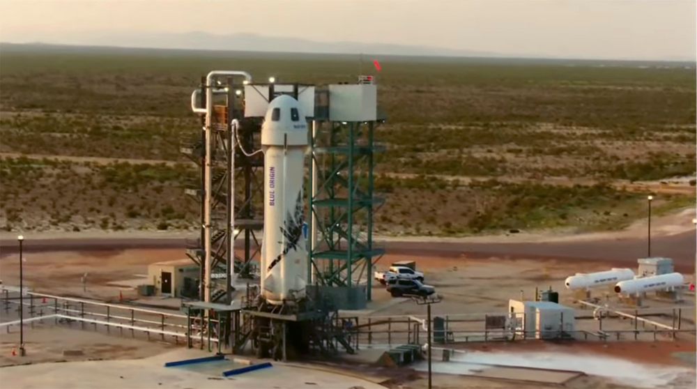 Blue Origins rakett New Shepard fotografert før oppskytingen i nærheten av Van Horn i den amerikanske delstaten Texas tirsdag.