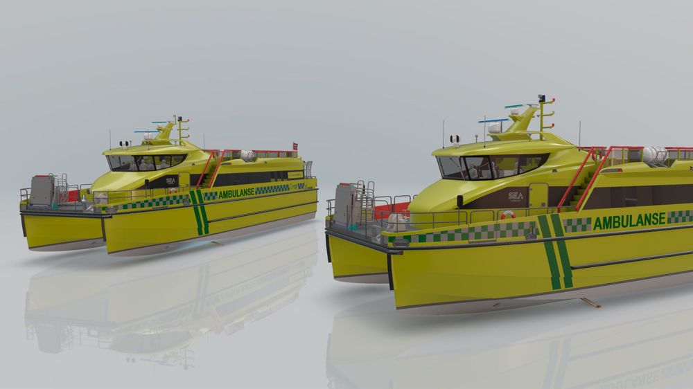 De to ambulansebåtene til Gulen Skyss er designet av Sea Technology og får baugfoiler i hvert skrog. De vil sørge for at farten kan være høy uten at det går ut over pasient- og passasjerkomfort. 