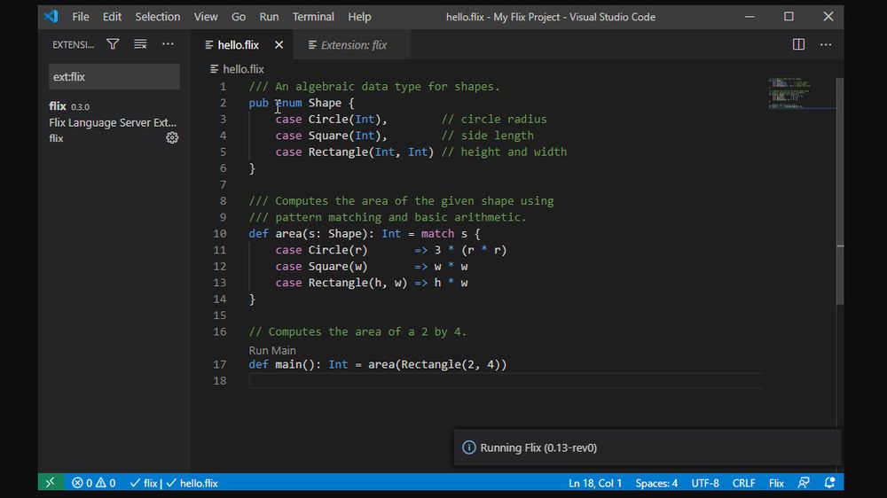 Eksempel på Flix-kode vist i Visual Studio Code.